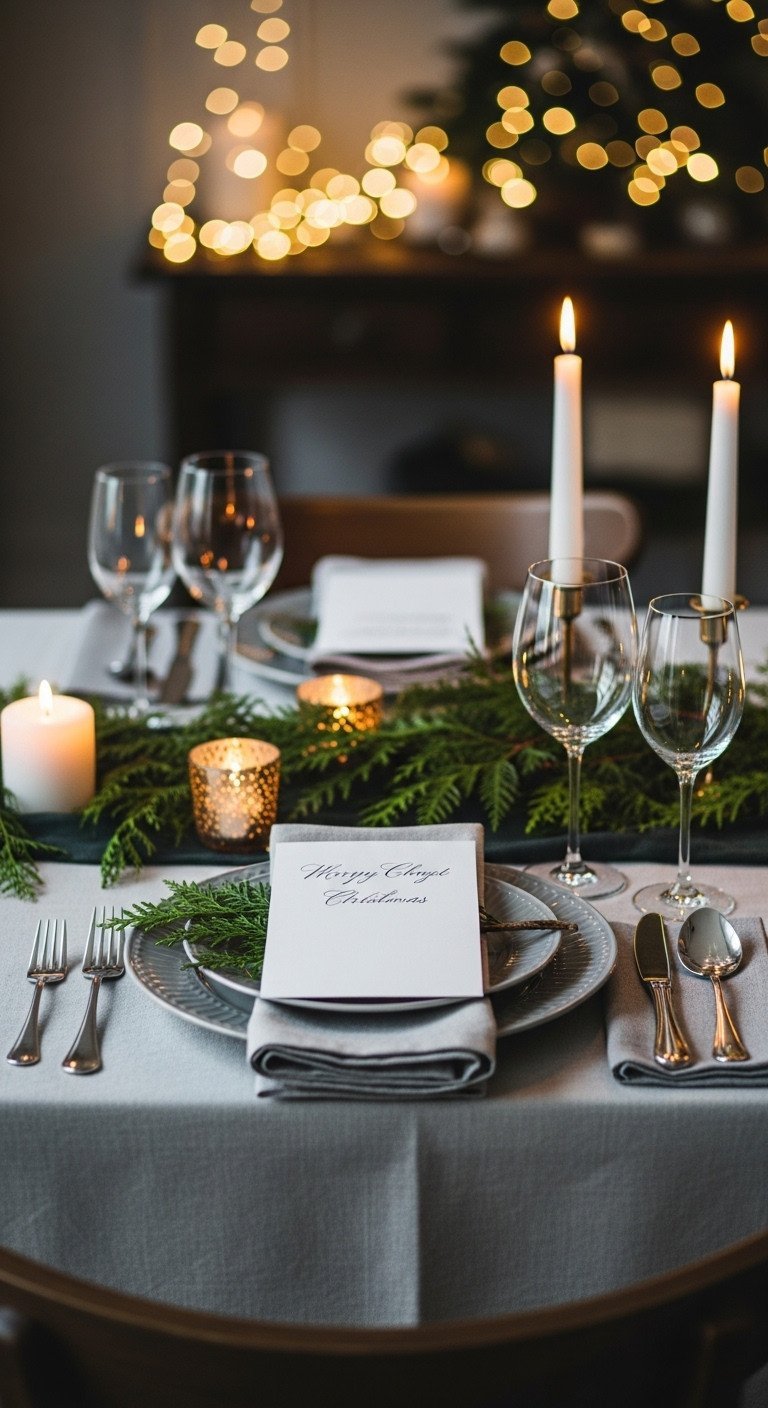 Elegant holiday dinner place setting with a Christmas card, silverware, and cedar on a crisp linen tablecloth.