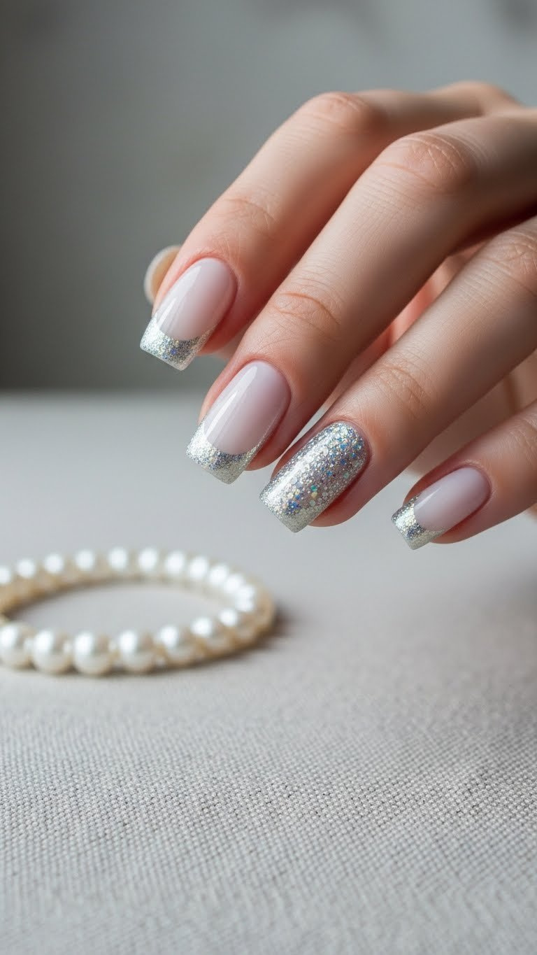 Elegant holographic glitter French tips with milky white base, silver glitter line. Glossy finish, pearl bracelet on soft gray linen.