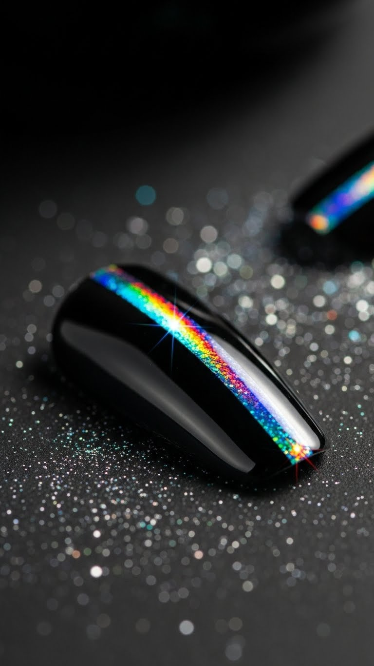 Elegant holographic magnetic nail displaying rainbow prismatic shifts and brilliant sparkle on a matte black surface.