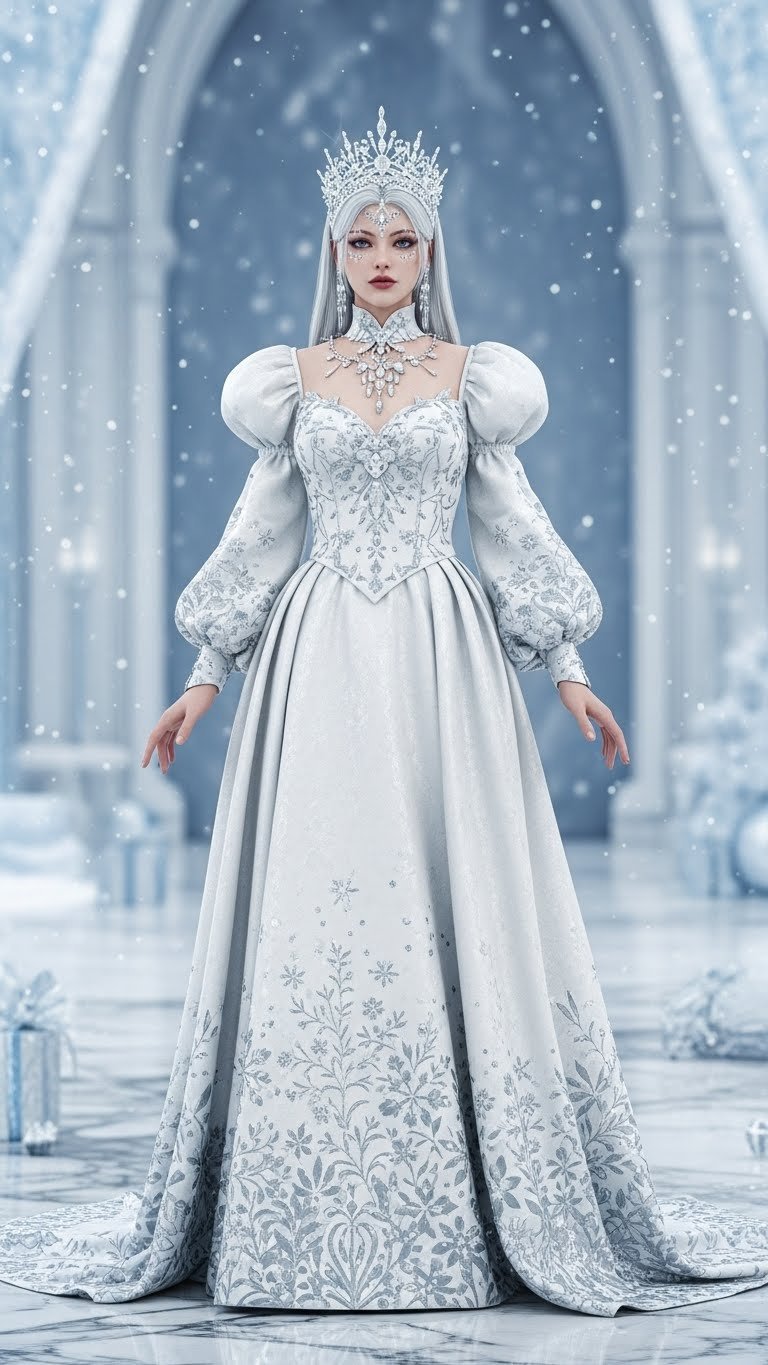 Elegant ice queen in white and silver snowflake gown, crown, icicle jewelry, satin textures, dramatic pose in winter palace.