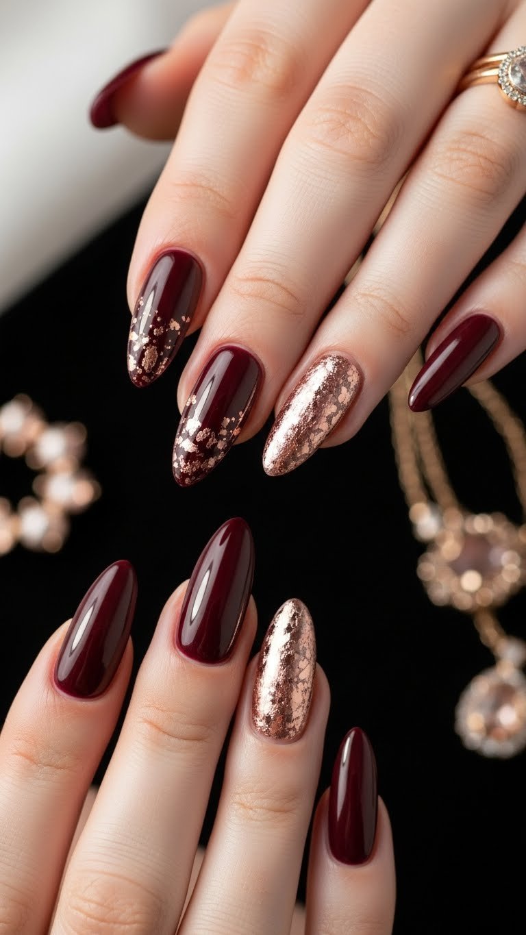 Elegant long almond burgundy nails with subtle rose gold metallic flakes on black velvet, fine jewelry accents.