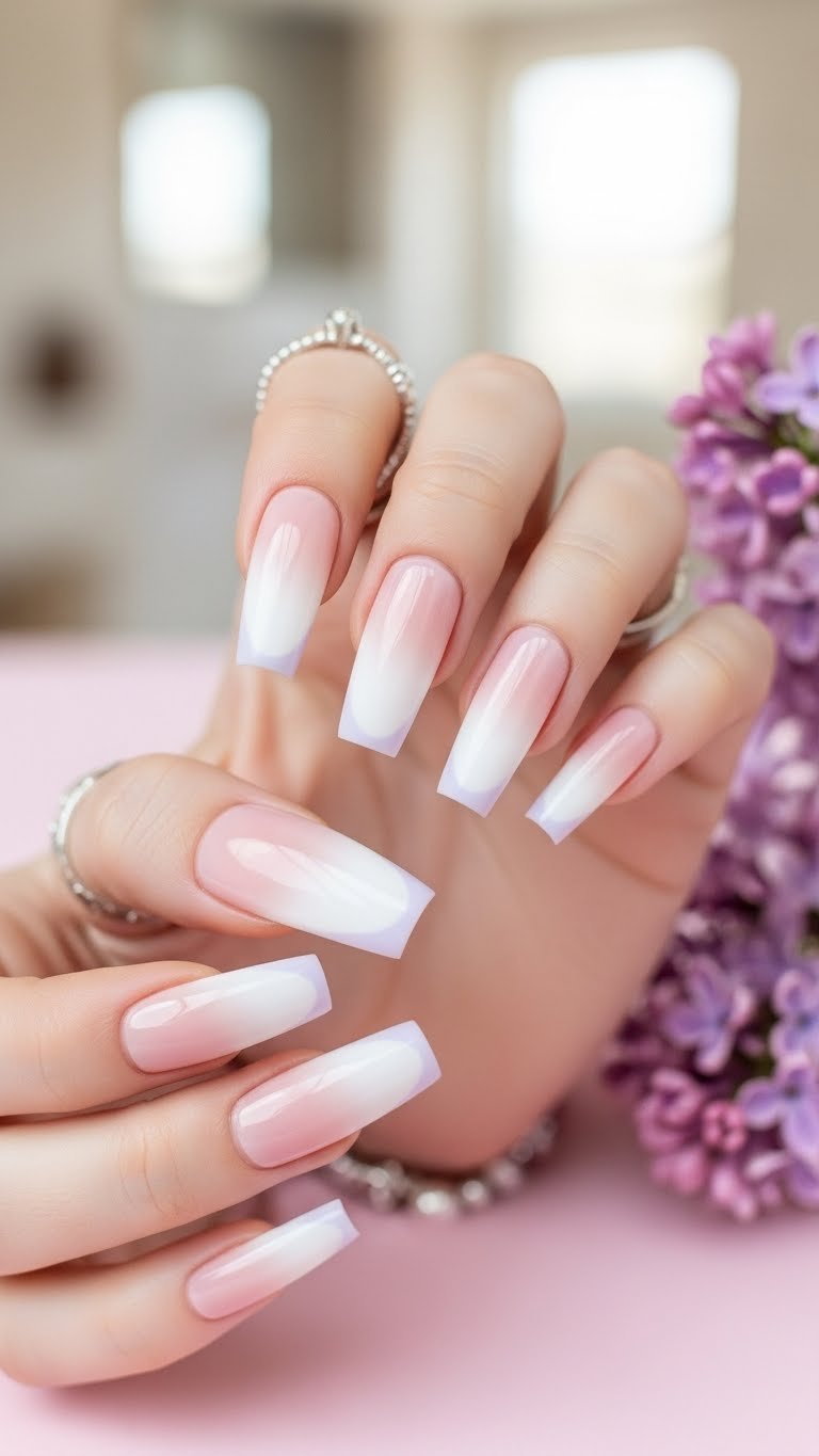 Elegant long coffin Valentine nails: white ombre to pastel lilac French tips, classy gradient design on soft pink.