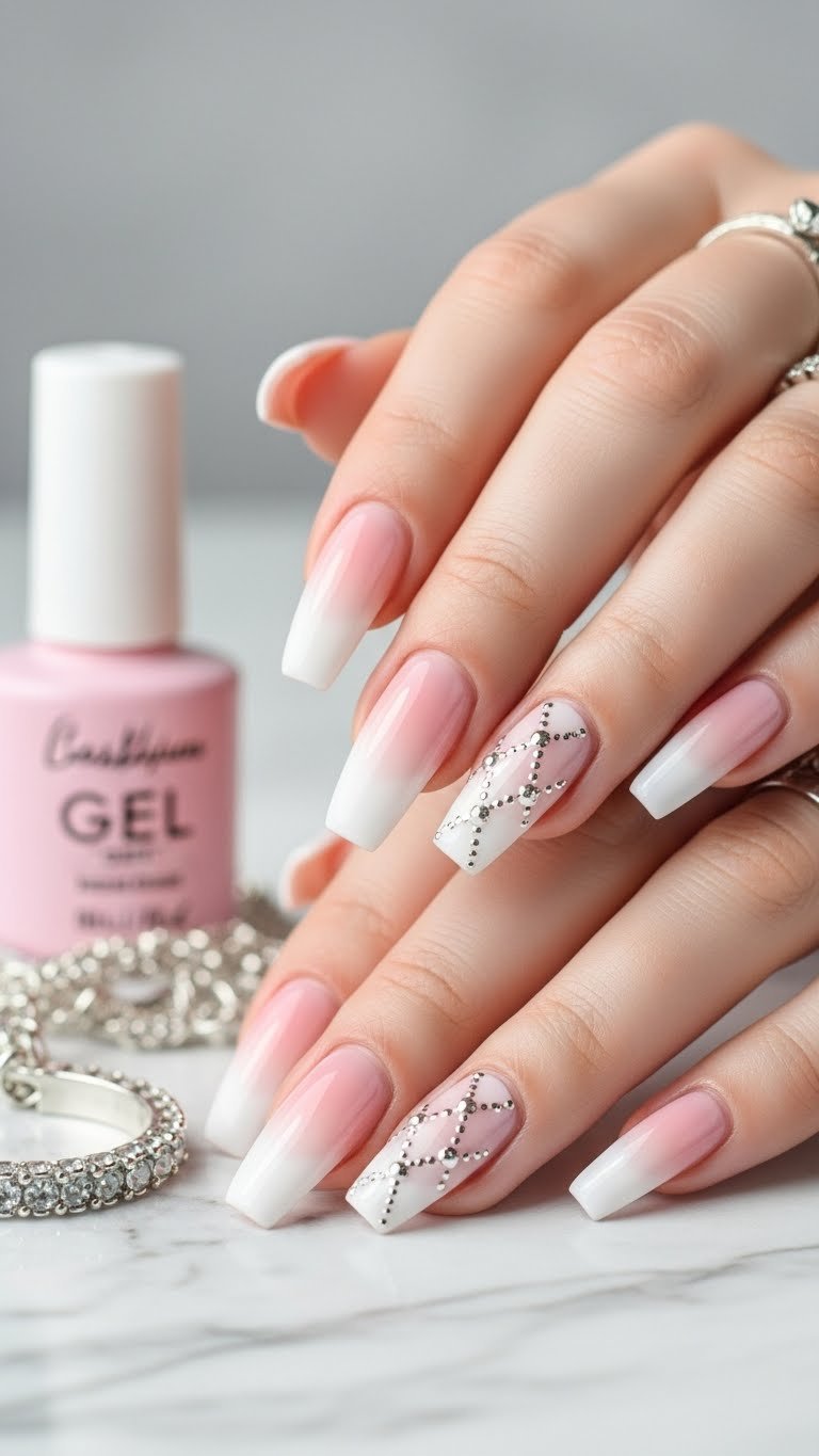 Elegant long coffin nails with pink and white ombre, subtle silver micro-dot XO designs, silver jewelry, and pink gel polish.