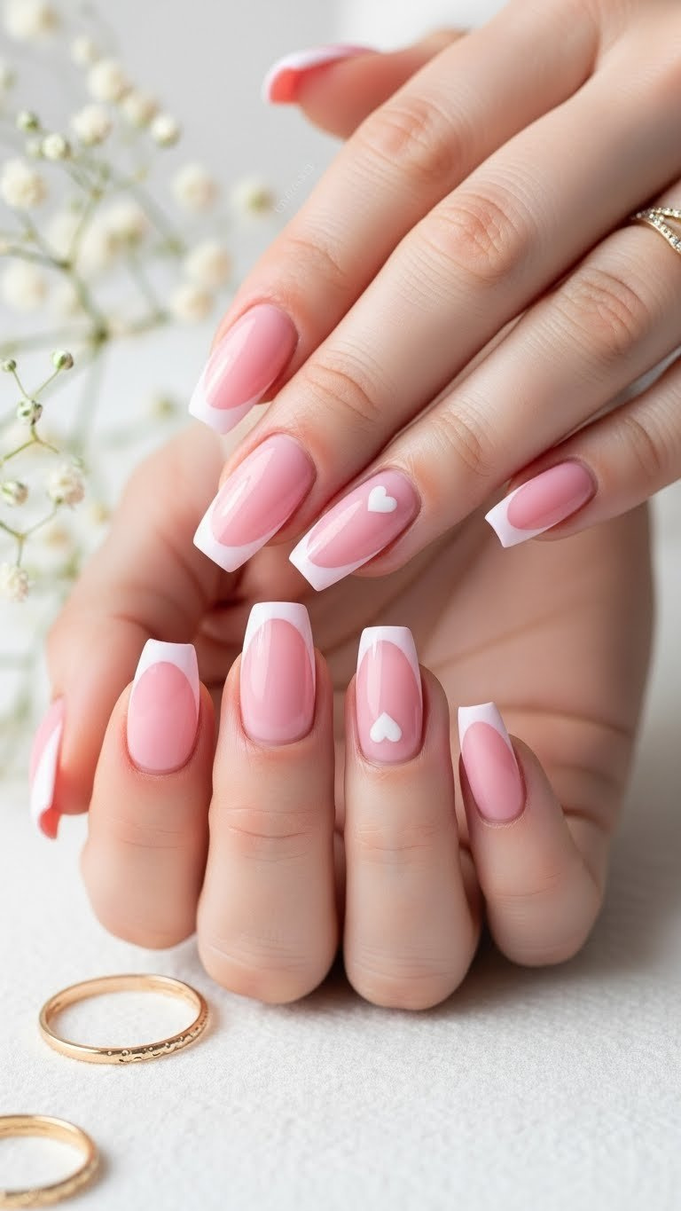 Elegant long pink almond nails with delicate baby pink french tips, a subtle white heart, and gold rings on white linen, perfect for Valentine's Day.