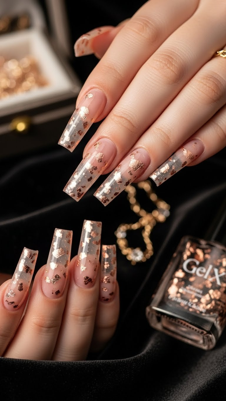 Elegant long square Gel X nails with sheer nude base and delicate rose gold flakes, on black velvet with gold jewelry.