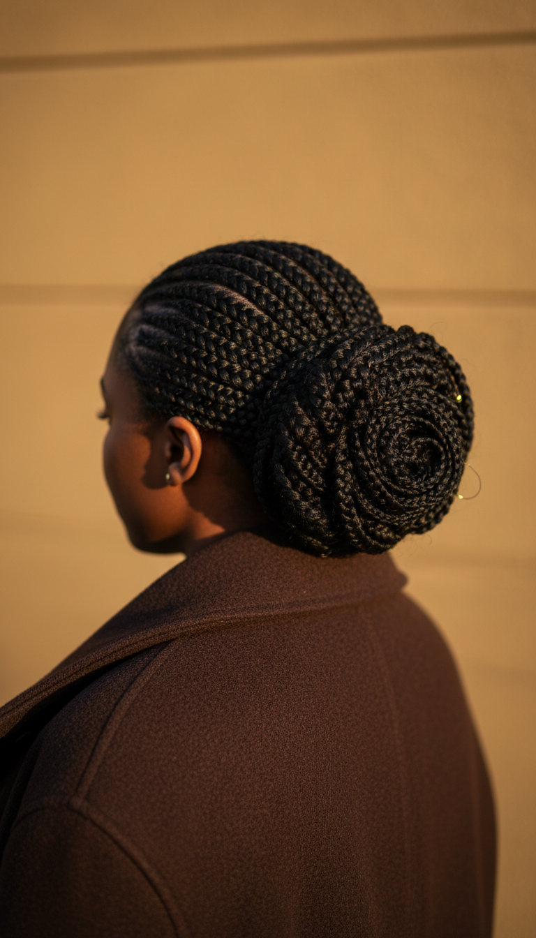 Elegant low Braided Updo, refined bun at nape, protective style. Sophisticated winter look, golden light.