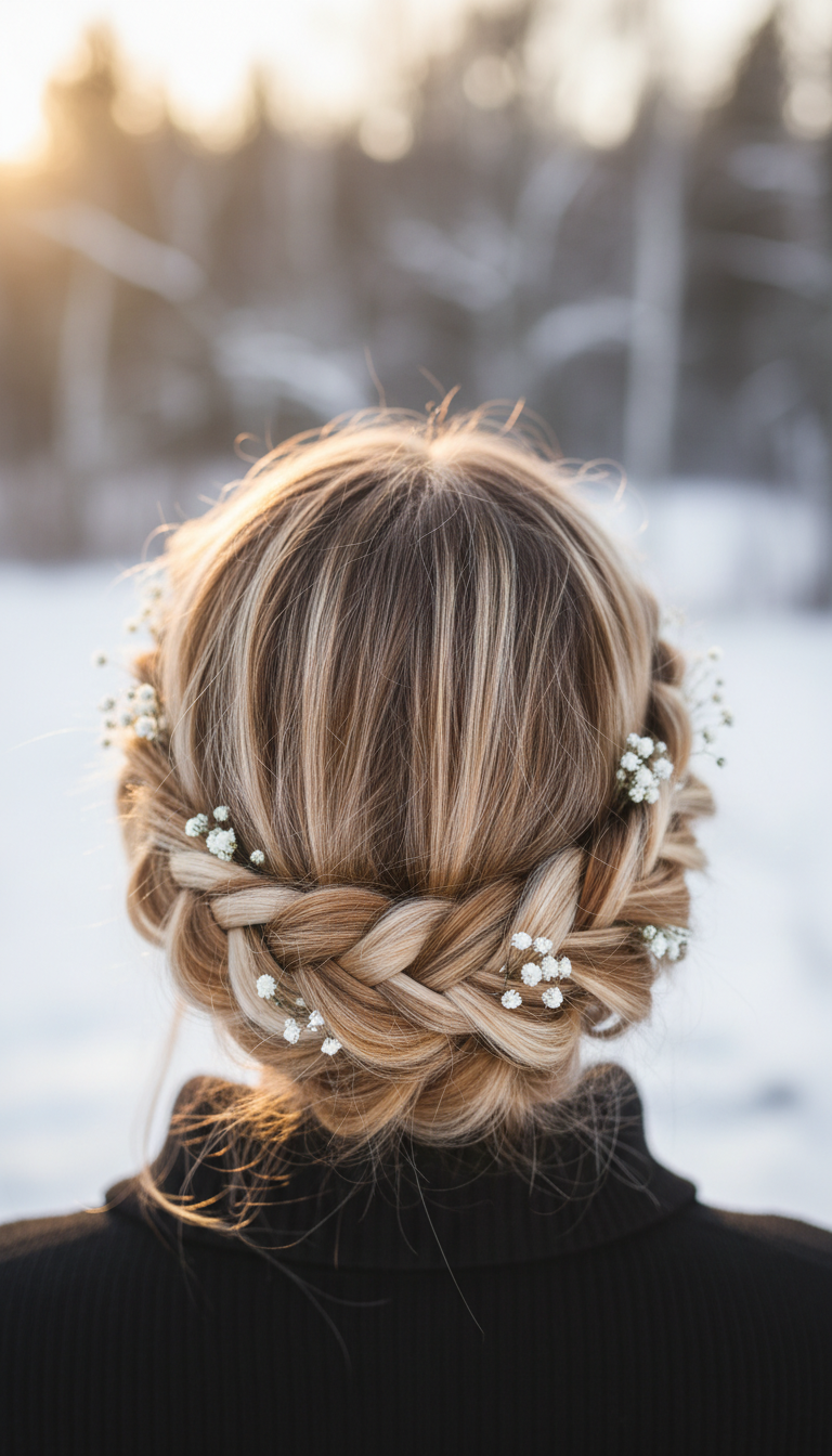 Elegant low-tension crown braid updo on medium hair, adorned with tiny white winter flowers, in a cozy winter landscape. Warm golden browns.