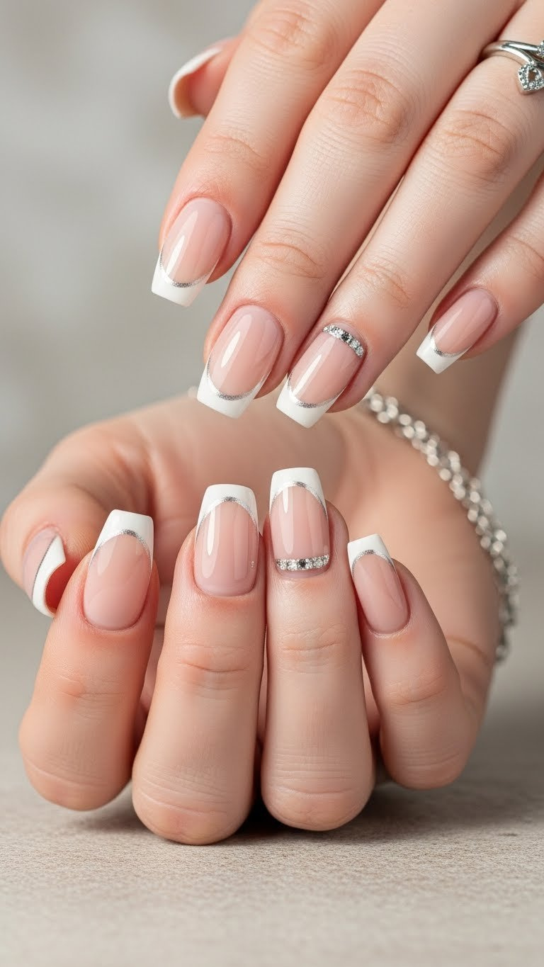 Elegant magnetic French tip nails with subtle shimmering line, on a neutral stone surface with a silver bracelet.