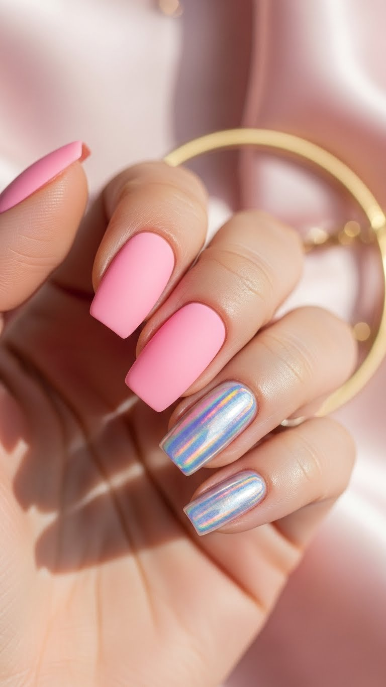 Elegant matte holographic pink nails, velvety surface with rainbow flash. Delicate gold ring on soft pale pink satin fabric.
