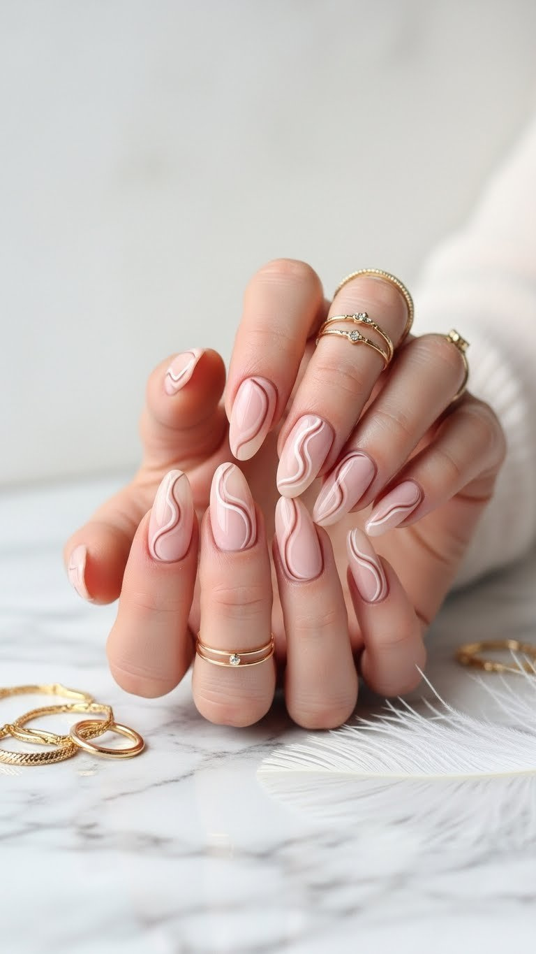 Elegant minimalist pink and nude swirl nail art on almond-shaped nails. Subtle design with thin lines, gold jewelry, white feather on marble.