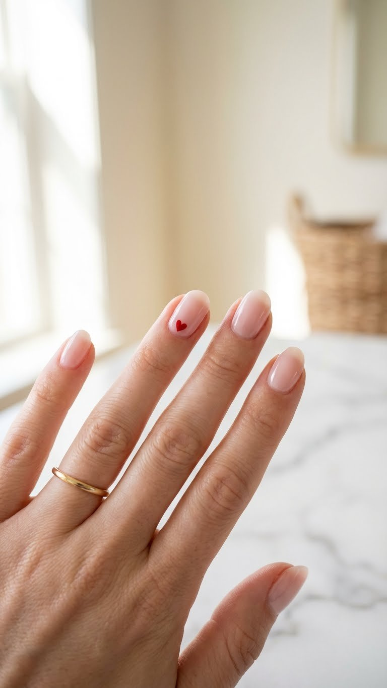 Elegant minimalist red heart nail art on a milky pink nude accent nail. Features a subtle dotting tool heart and gold ring on marble.