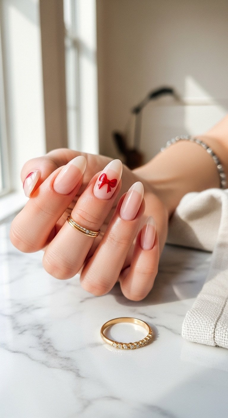 Elegant minimalist red micro-bow nail art on an almond-shaped nail with a sheer nude base, delicate gold ring on marble.