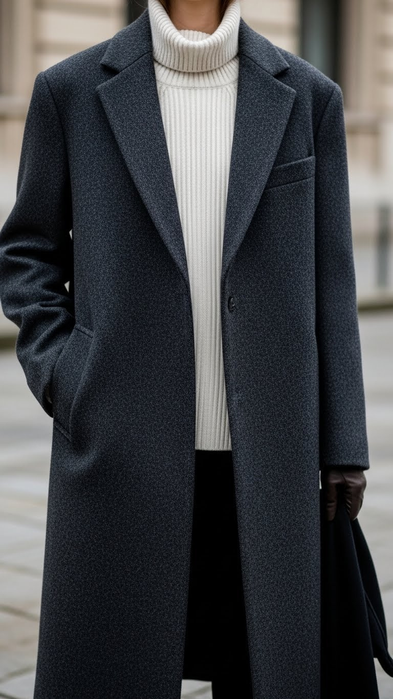 Elegant minimalist tomboy style: oversized charcoal wool coat over cream ribbed turtleneck. Sophisticated, clean lines, glove.