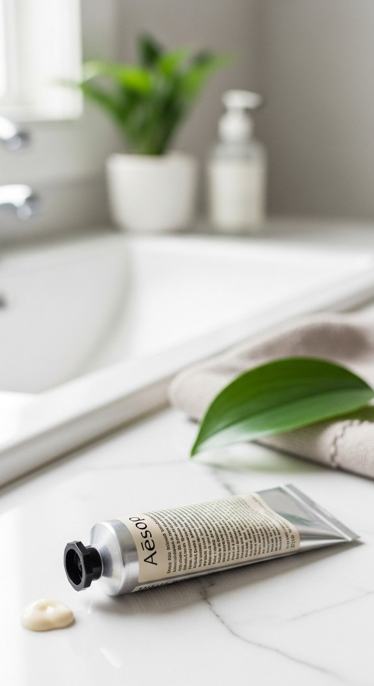 Elegant minimalist tube of luxe hand cream rests on a white marble countertop in a serene bathroom with a linen towel.