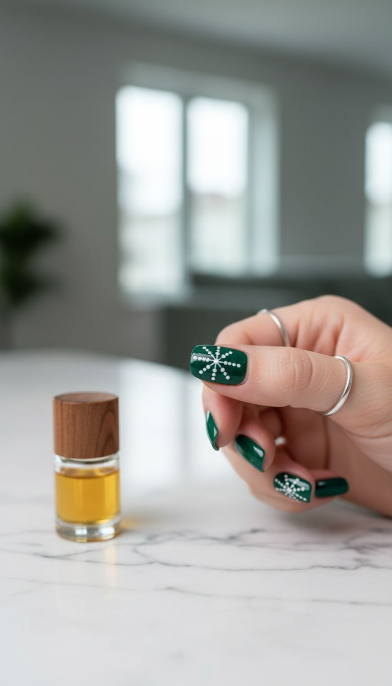 Elegant minimalist white snowflake nail art on deep emerald green polish, with a silver ring and cuticle oil on a marble countertop.