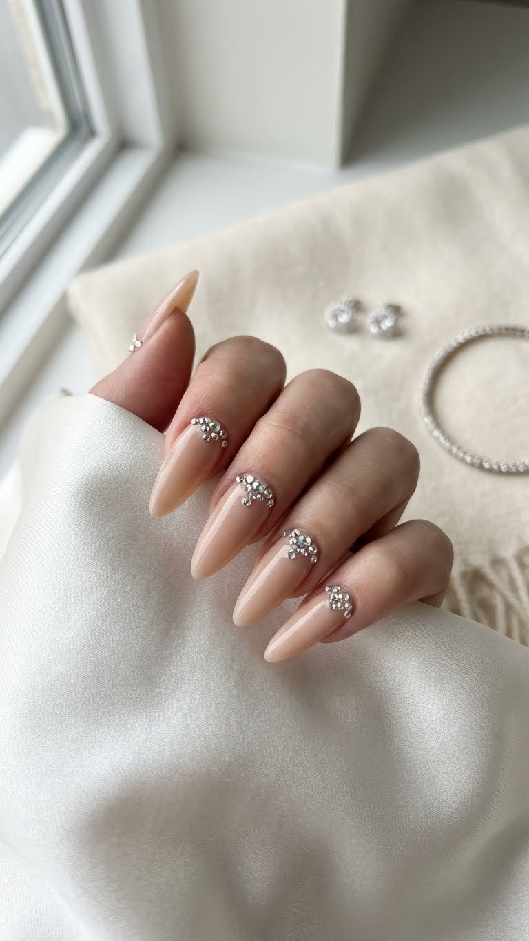 Elegant nude Gel X extensions with delicate rhinestone accents near cuticle, on white silk with diamond jewelry.