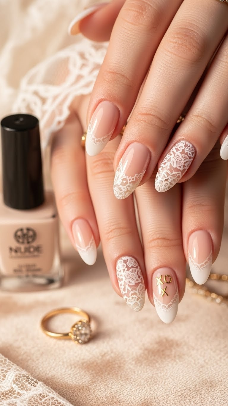 Elegant nude almond nails with white lace tips, subtle gold XO designs, a thin gold ring, and nude gel polish.