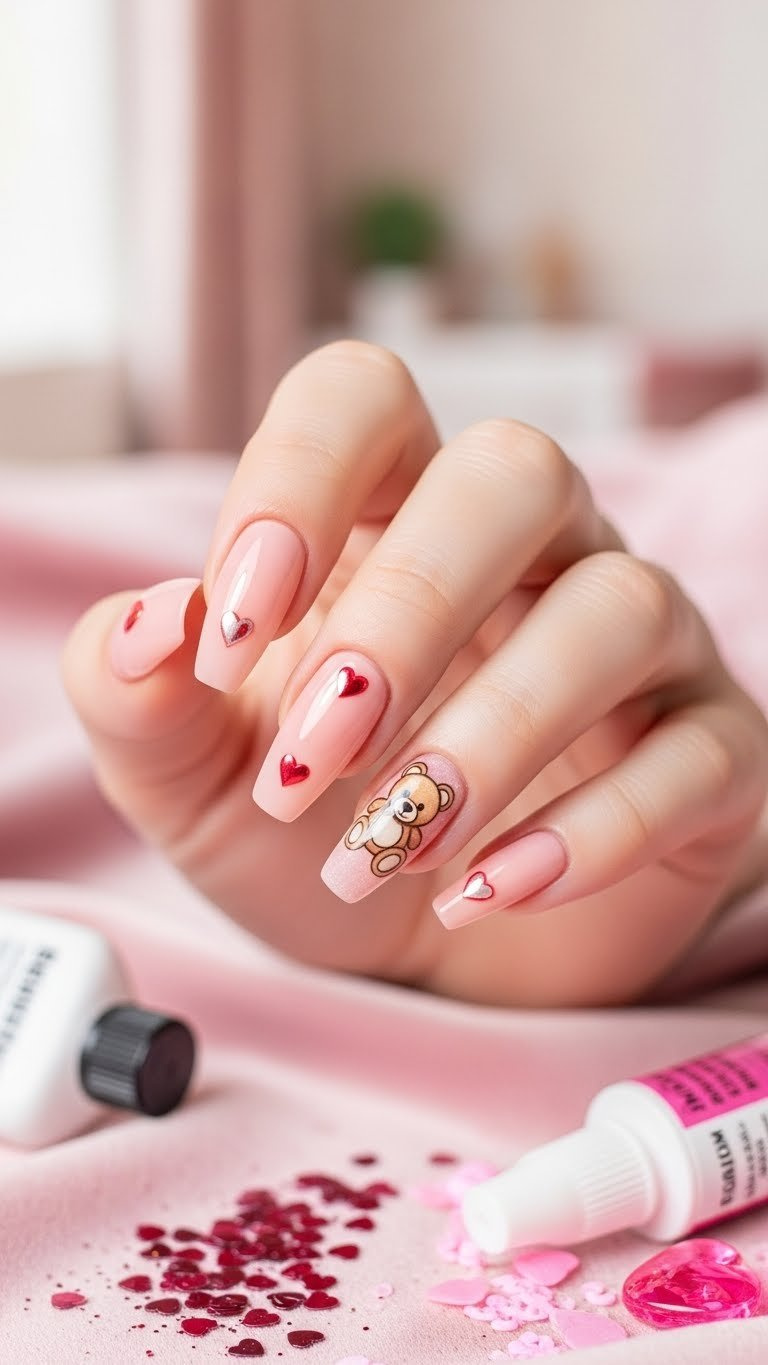 Elegant nude pink almond press-on nails featuring subtle heart accents and a sweet teddy bear decal, ideal for Valentine's Day nail art.