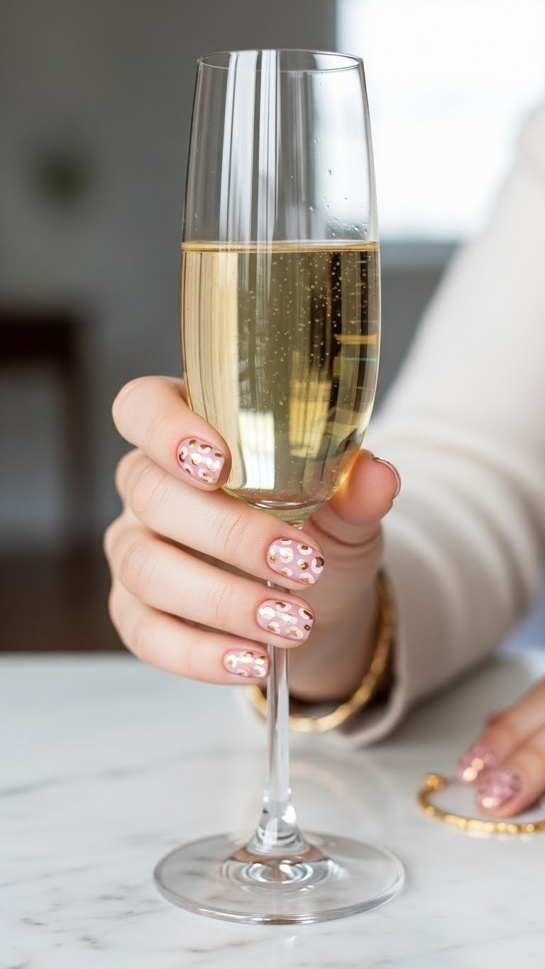 Elegant oval leopard Valentine nails: dusty rose matte pink with metallic gold chrome leopard spots. Hand with champagne, gold bracelet.