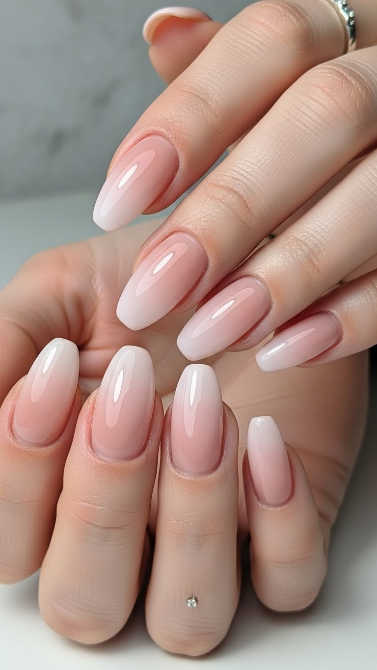 Elegant oval ombre nails with a seamless nude to soft pink gradient transition, highlighting a polished, sophisticated look.
