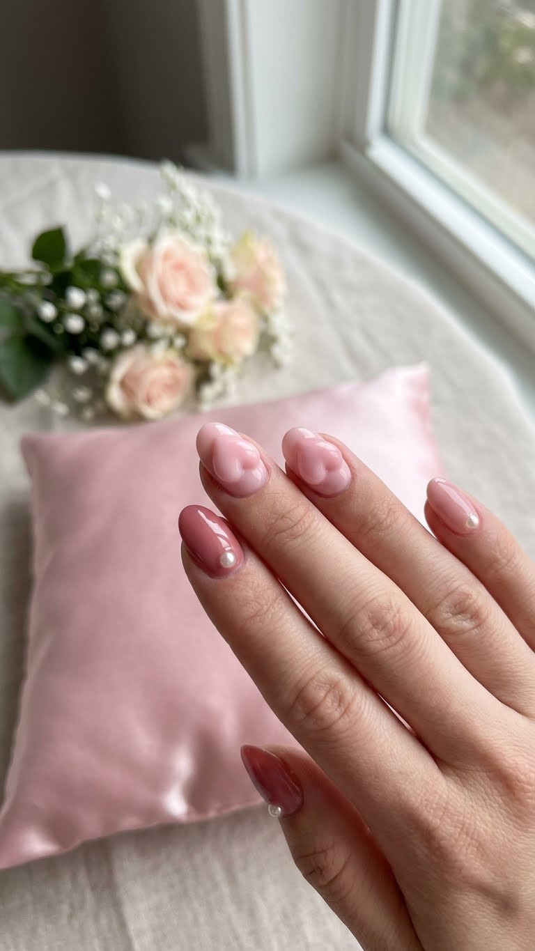 Elegant pink and red gel manicure featuring soft, raised 3D puffy heart designs with pearl charms. Set on a pink satin pillow.