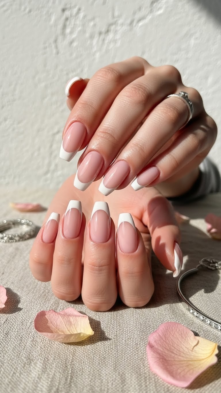 Elegant pink and white gel French tip almond nails, sheer pink base, crisp white tips, with silver bracelet and dried flowers.