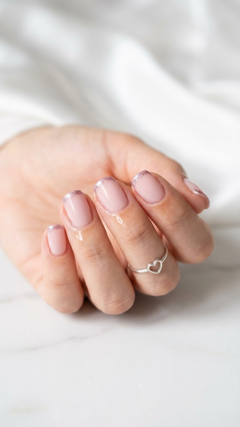 Elegant pink glitter French tip nails, short for Valentine's Day, with a delicate silver-pink glitter line. Manicured nails on white marble with a silver heart ring.
