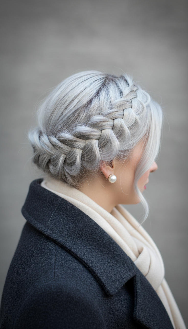 Elegant platinum blonde French braid crown updo with sleek texture, adorned with pearl earrings against a dark winter coat.