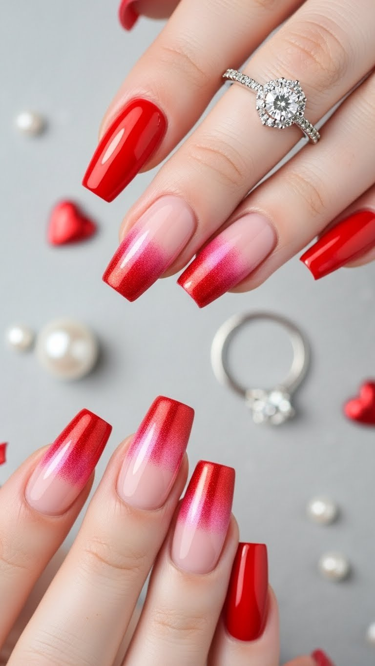 Elegant red and pink magnetic gradient Valentine nails with a smooth shimmer, flat lay on white with a diamond ring.