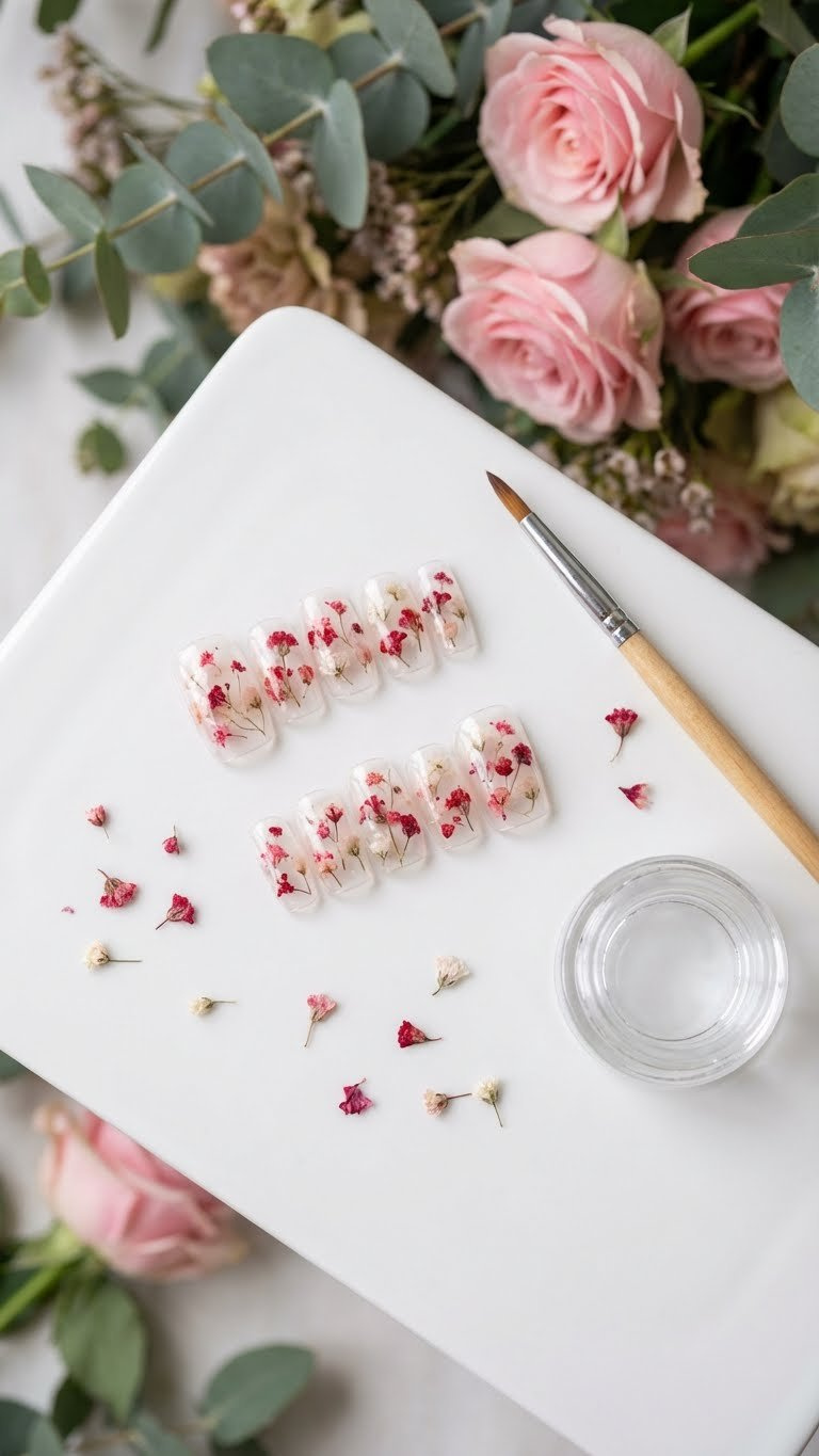 Elegant reverse encapsulated clear square nails featuring delicate dried red, pink, white flowers, high-shine finish.