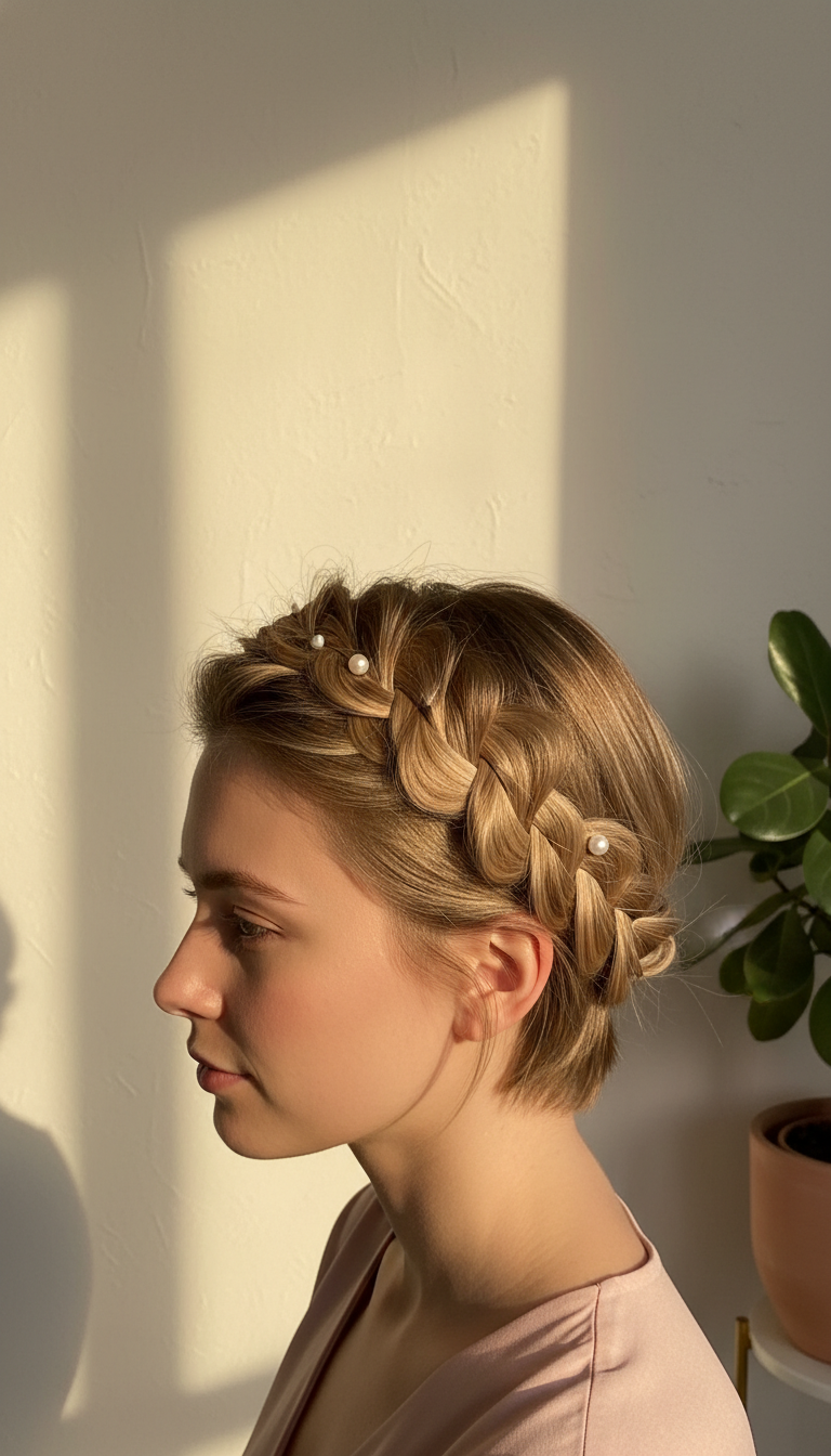 Elegant short hair crown braid updo, neatly wrapped, highlighting volume and chic braided style with pearl pins.