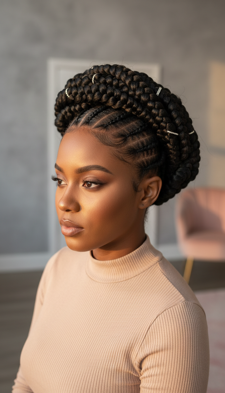Elegant short hair goddess braids updo, showcasing voluminous thick braids pinned artfully at the crown with diamond pins.