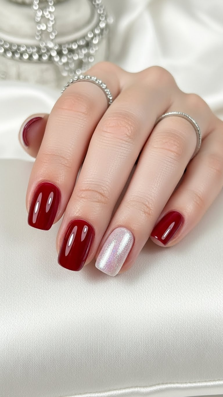 Elegant short oval nails with glossy glazed donut finish over deep cherry red polish. Reflective, sophisticated manicure.