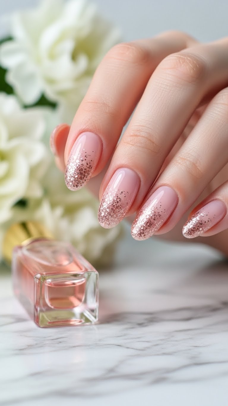 Elegant subtle pink glitter gradient oval nails with rose gold sparkle fading on a marble countertop, white flowers, and cuticle oil.