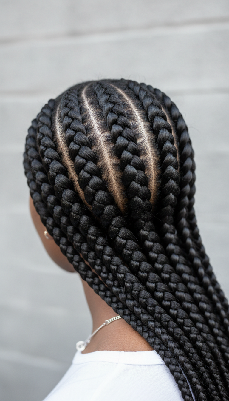 Elegant thick Ghana braids with smooth feed-in pattern. Glossy finish, silver chain, bright daylight, subtle grey backdrop.