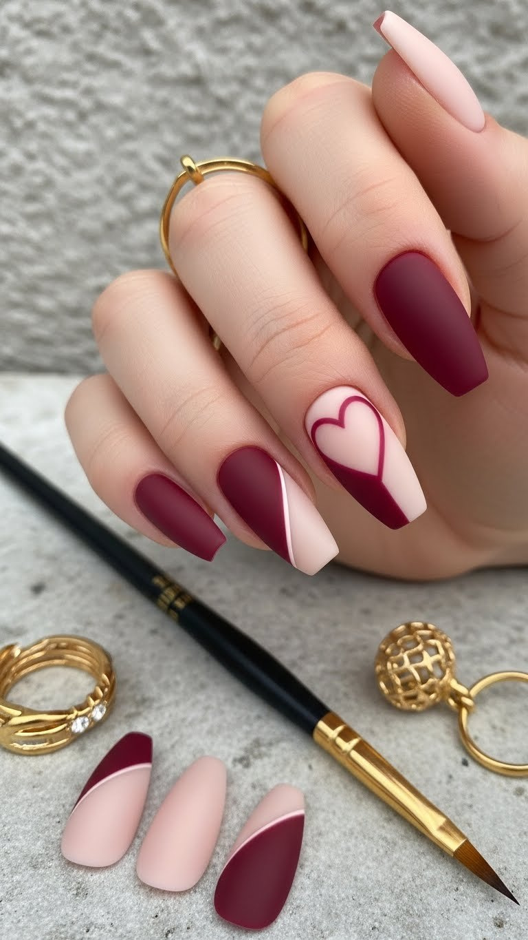 Elegant two-tone geometric half-heart negative space nail design with deep rose polish on an almond nail. Gold jewelry complements.
