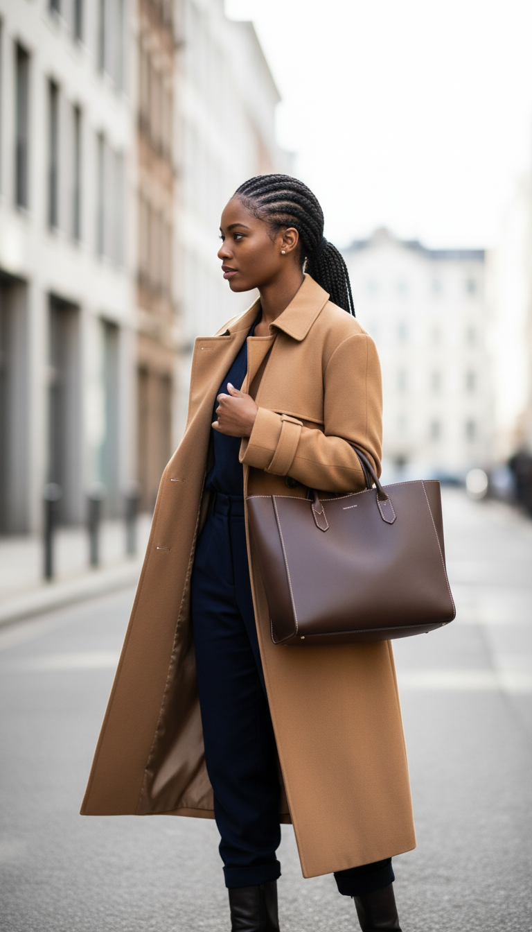 Elegant urban winter fashion: classic camel trench coat, dark trousers, sleek box braids in low ponytail, city street background.