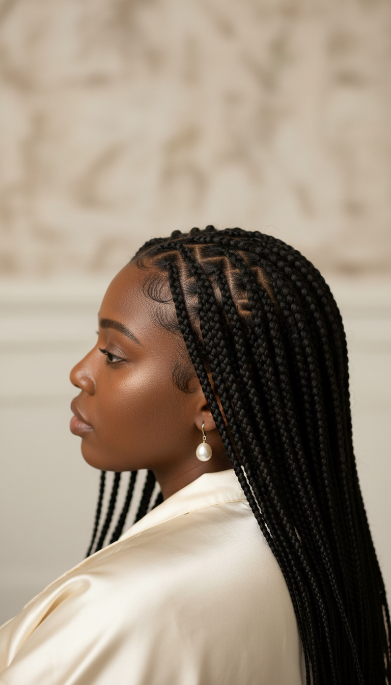 Elegant waist-length knotless box braids on a Black woman, showcasing neat roots, healthy scalp, and natural fall in a lifestyle portrait.