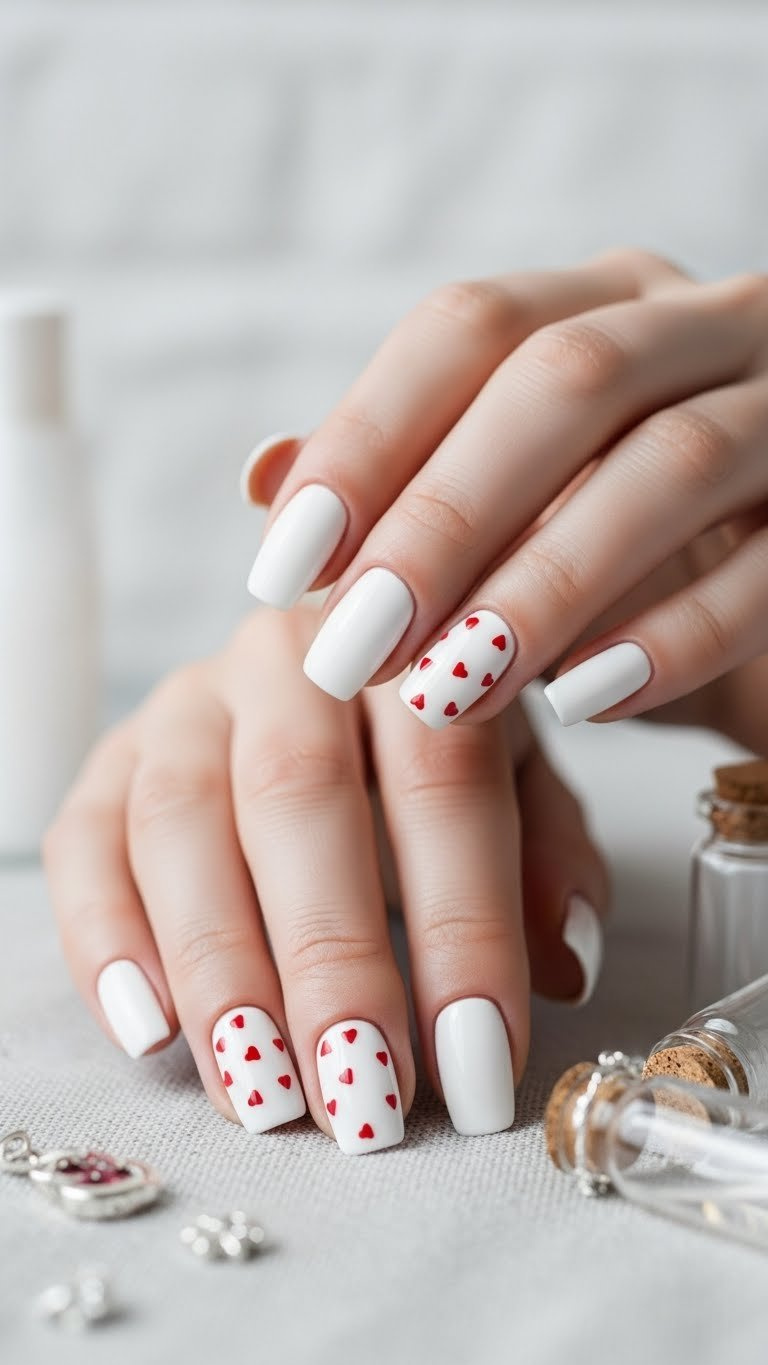 Elegant white stiletto nails with tiny red micro hearts near cuticles, on gray linen with silver jewelry.