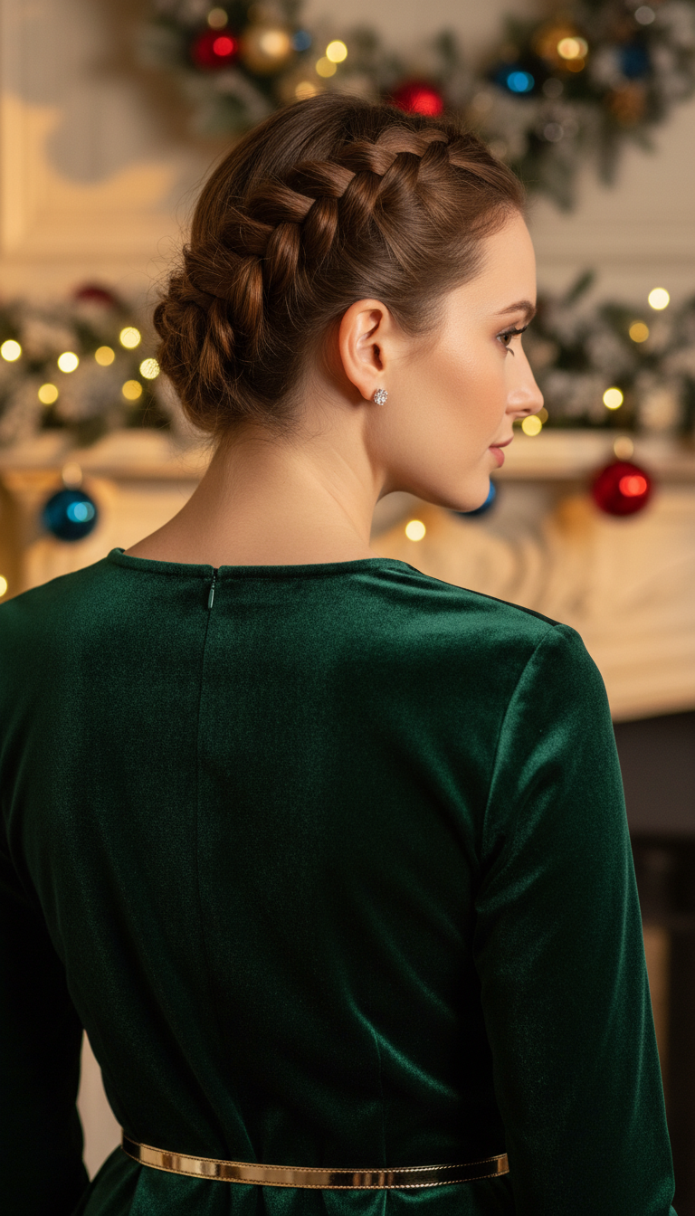 Elegant winter holiday fashion: jewel-toned velvet midi dress, intricate crown braid, diamond earrings, festive setting.