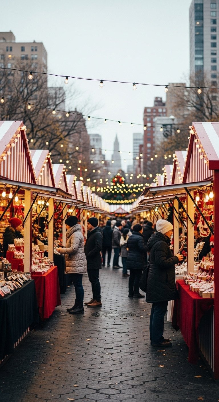 Elevated view of the Bryant Park Winter Village at twilight, with its bustling holiday market stalls and central ice rink.