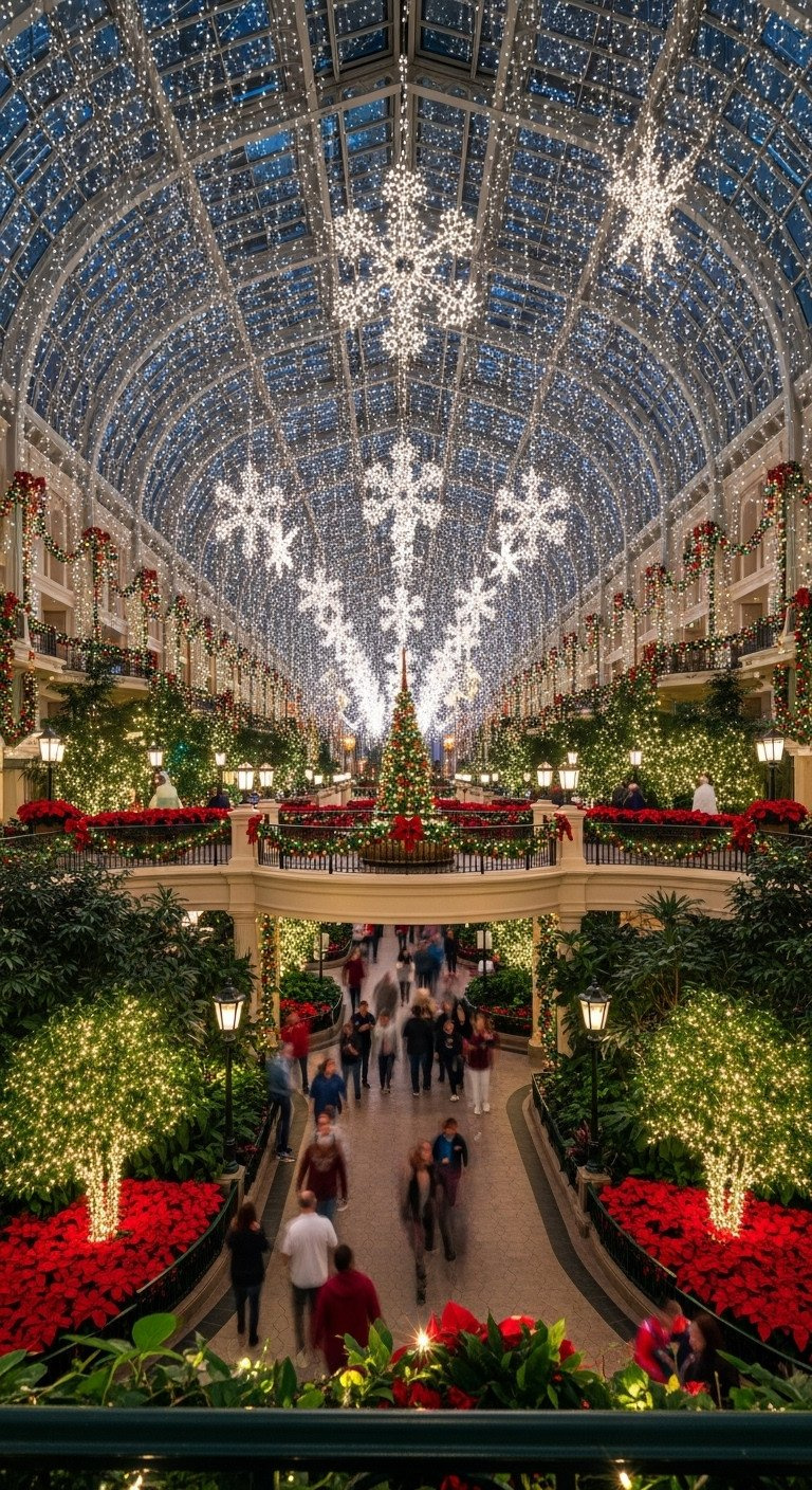Elevated view of the massive Gaylord Opryland indoor atrium with millions of twinkling Christmas lights on balconies.