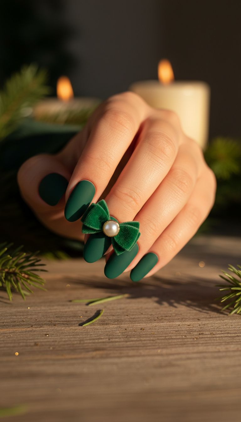 Emerald green matte oval nails with a large 3D velvet bow and gold pearl. Cozy holiday nail art on rustic wood with greenery.