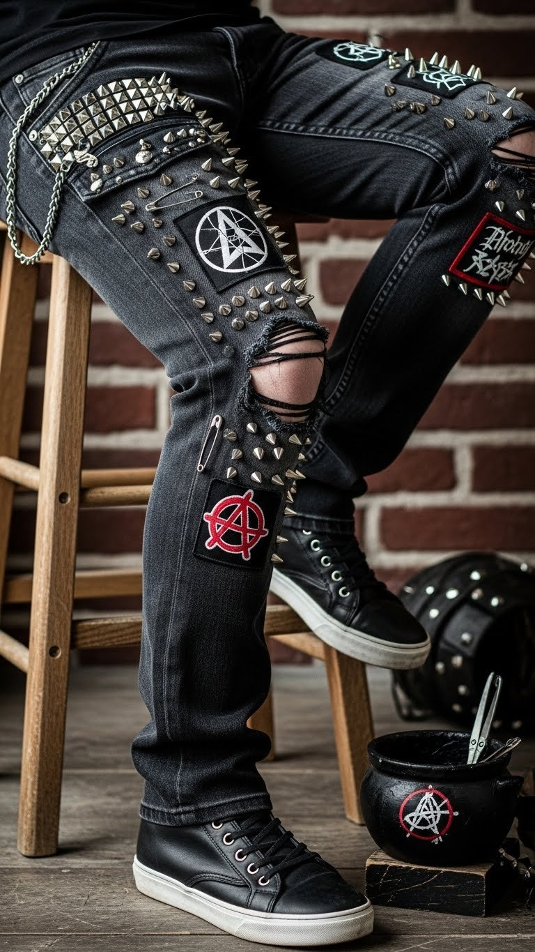 Emo punk customized faded black denim pants with metal studs, safety pins, band patches, and knee rip.