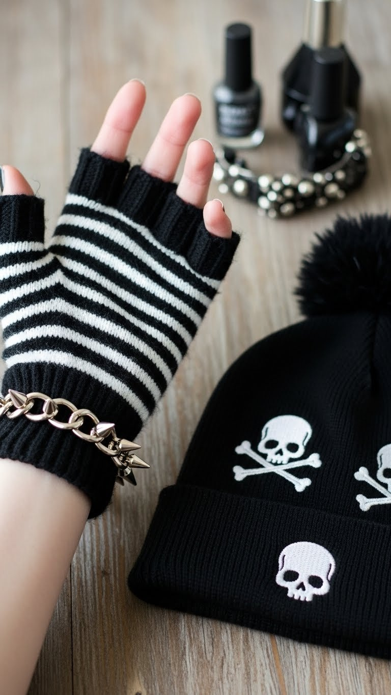 Emo winter accessories: striped fingerless gloves, chunky silver spiked bracelet, black skull beanie, dark nail polish.