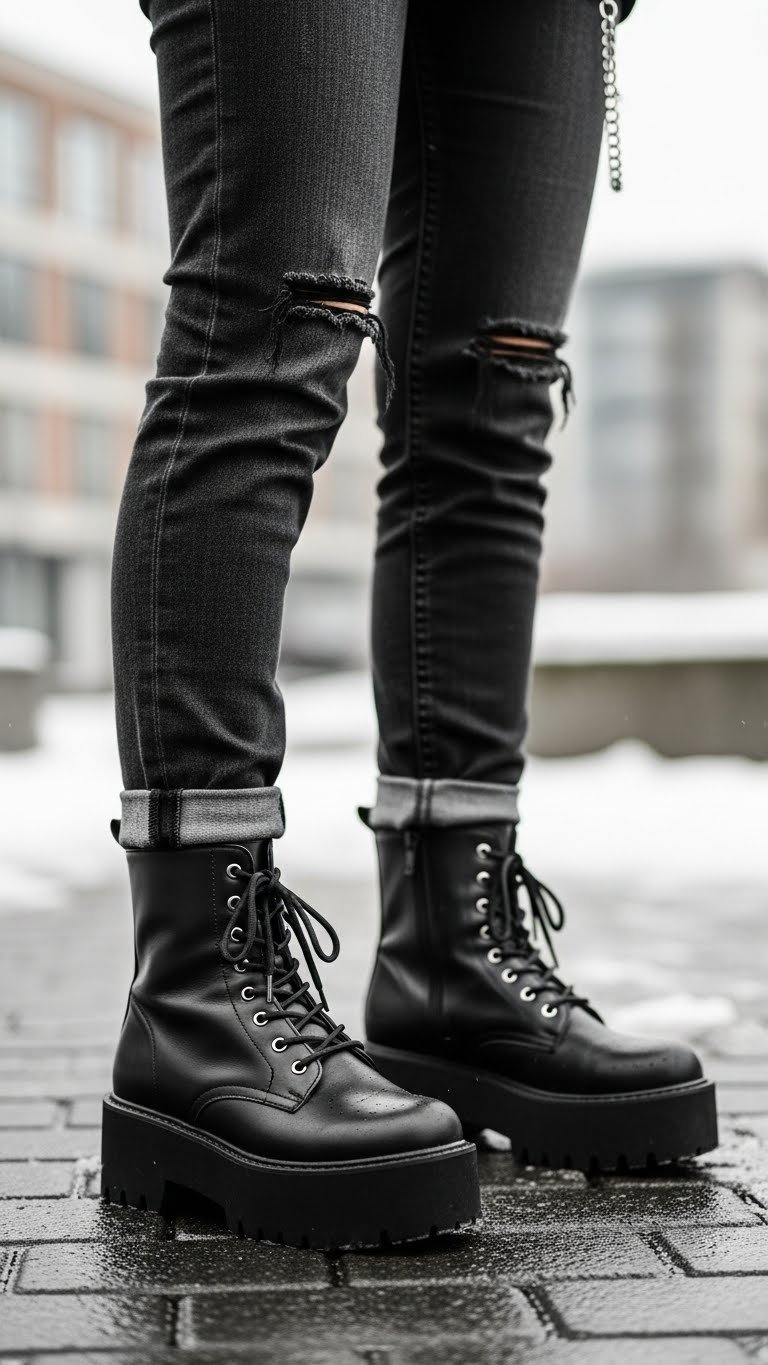 Emo winter footwear: chunky black platform combat boots, distressed skinny jeans, silver chain on snowy street.