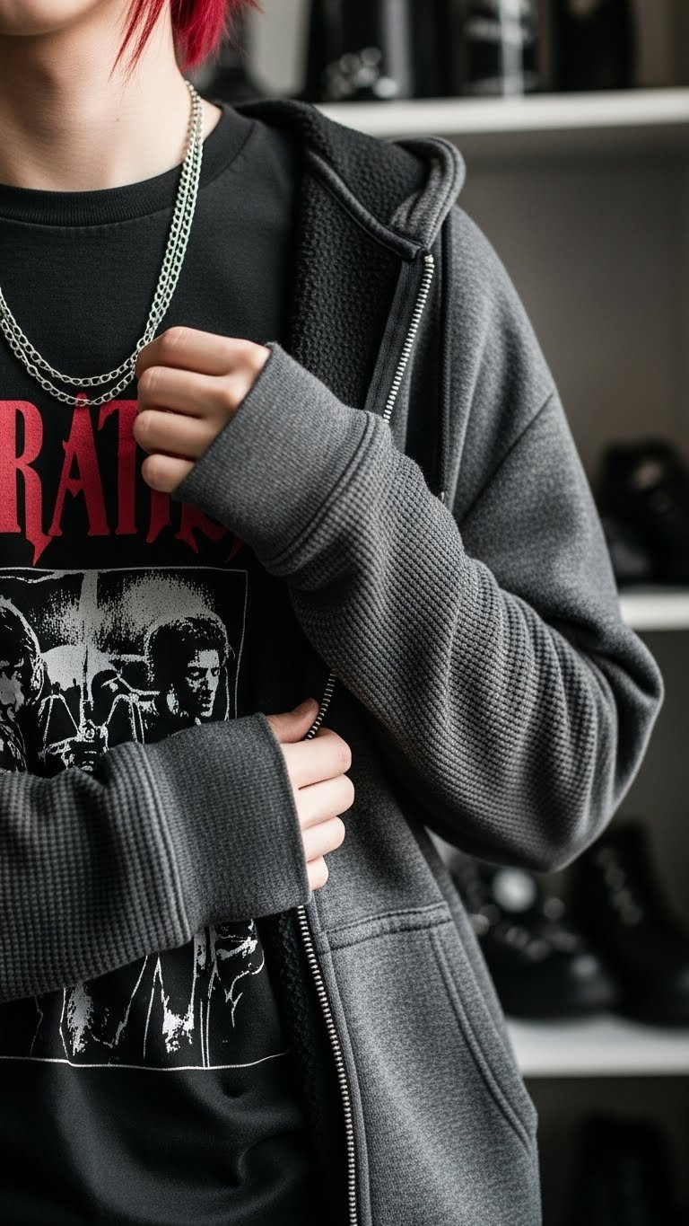Emo winter layered fashion featuring black band tee, dark grey thermal, oversized zip-up hoodie, and silver chain detail.