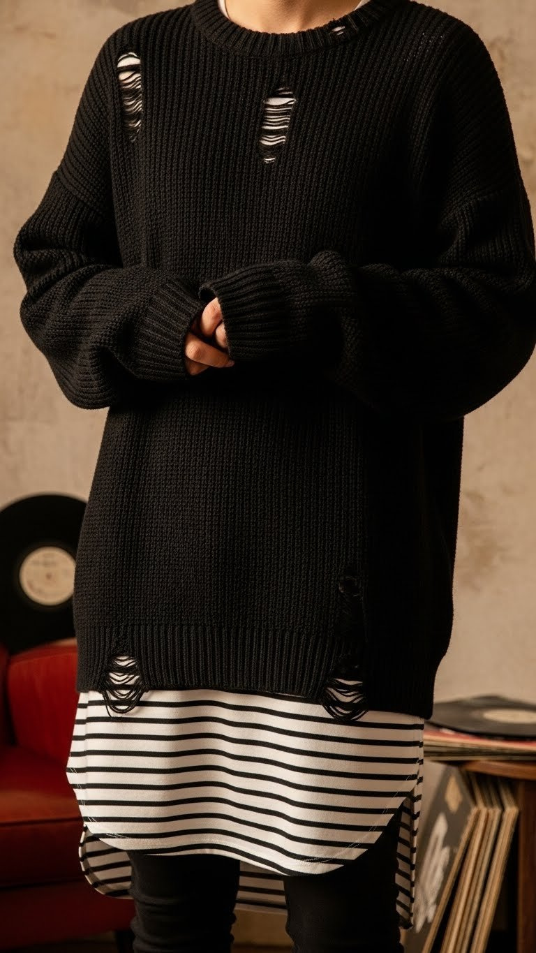 Emo winter look: oversized ripped black knit sweater, striped shirt peeking out, silver ring. Cozy indoor setting.
