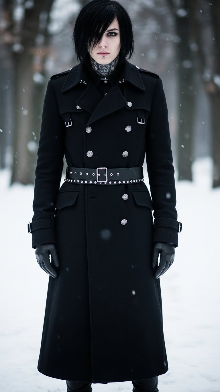 Emo winter outerwear: long black wool trench coat with silver hardware, buckles, studded belt, and leather gloves.