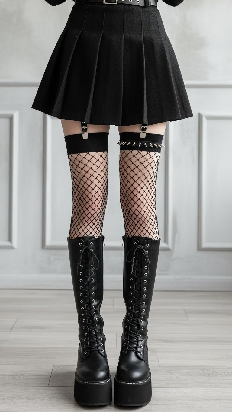 Emo winter skirt outfit: black pleated mini-skirt, thermal tights, fishnets, knee-high platform boots. Edgy style.